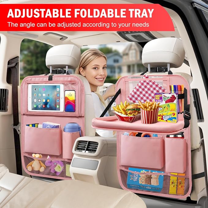 2Pack Car Backseat Organizer with Foldable Table Tray,6 Storage Pockets Car Storage Organizer with Tablet Holder,Car Seat Back Protectors Kick Mats Travel Accessories (Pink) - Image 2