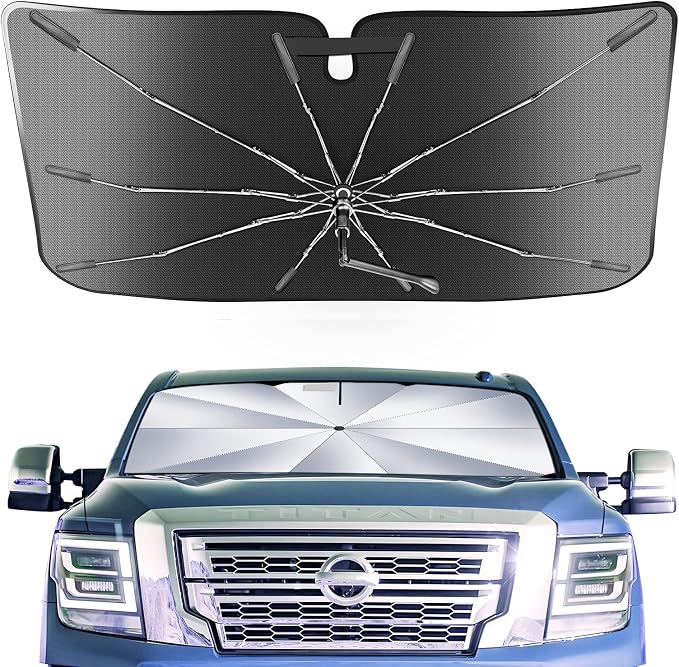 Portable for Nissan Titan 2020-2024 2025 Windshield Sunshade Umbrella with Carry Bag, 2 in1 Ice Crystal Durable Compact Shade Umbrella UPF50+ UV Front Window Heat Insulation Protection Outdoor Camping by Epltion
