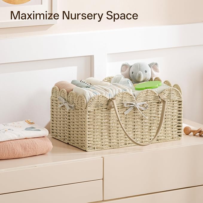 Angelhood Paper Rope Diaper Caddy, Scalloped Baskets with Removable Divider | Woven Floral Baby Diaper Organizer for Changing Table,Baby Shower Gifts,Portable Car Organizer for Diapers - Image 6