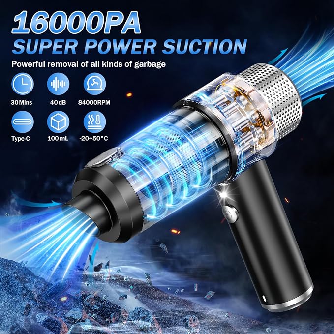 KMM Handheld Car Vacuum Cleaner, Hand Held Vacuum Cleaner & Air Duster | 16000PA Strong Suction, 120W High Power, Portable & Rechargeable, LED Light, Multi-Nozzles for Home, Car, Office, Pet - Image 3