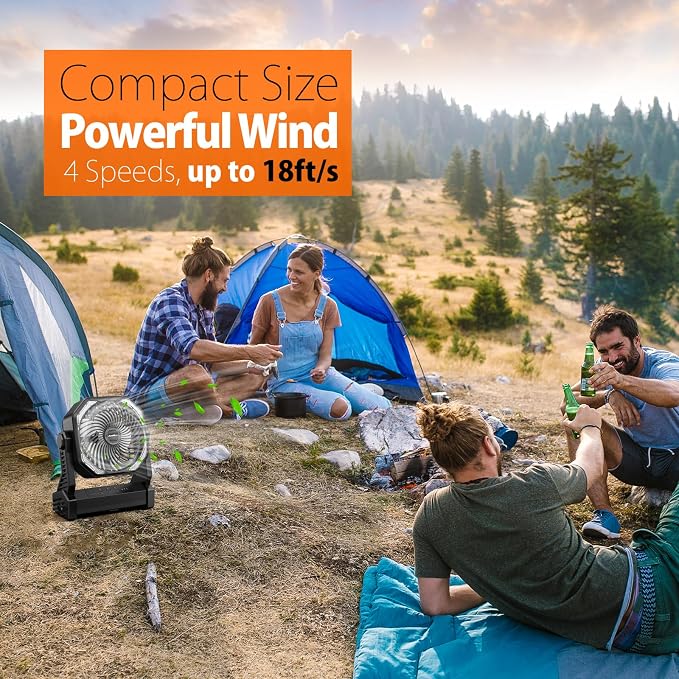 Battery Powered Camping Fan, Battery Operated Fan, Travel Gear Essentials | 20000mAh Rechargeable Battery, 58Hrs Runing, 400LM Light & 360° Rotable Hook, Whisper Quiet Fan for Outdoor Power Outages - Image 4
