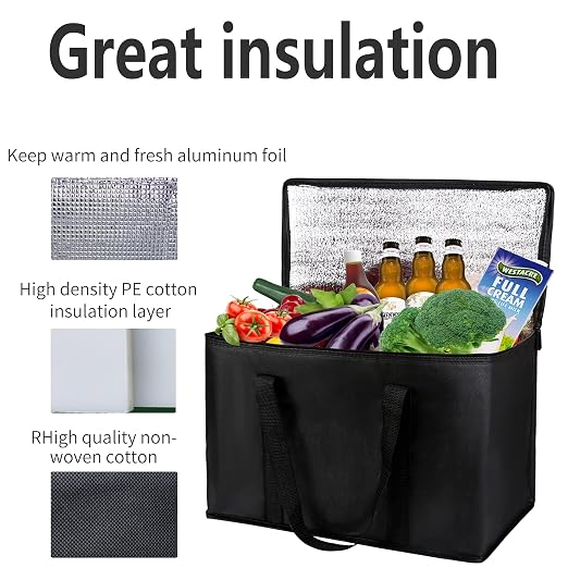 2 pack Additional Bottom Plate Black Insulated Grocery shopping bag , Delivery,pizza,reusable bags, Sturdy zipper,Collapsible,tote,cooler,thermal,Beach,waterproof heavy duty - Image 6