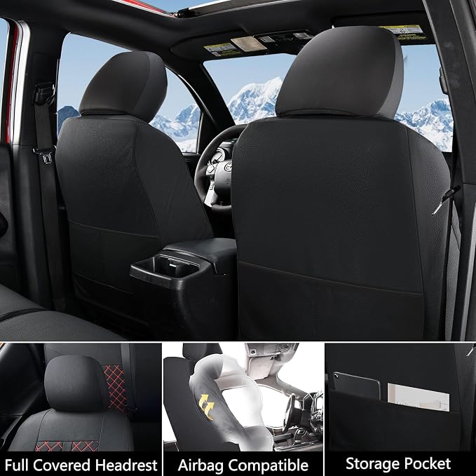 Truckiipa Automotive Seat Covers Fit for Toyota Tacoma Front Seat Leather Waterproof Full Coverage Truck Seat Covers Custom Fit for 2005-2015 Toyota Tacoma Double Crew Cab, Front Pair, Black&Red - Image 2