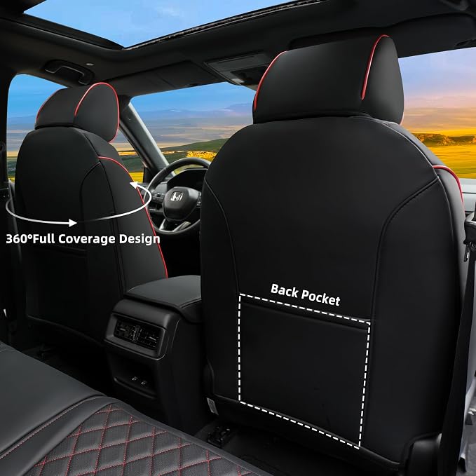 Lolcar CRV Seat Covers Custom Fit for Honda CRV 2023 2024 2025 2026 Leather Car Seat Cover Full Set for Trucks SUV,Waterproof Car Seat Cushion,Faux Leather (Black Red Grid) - Image 3