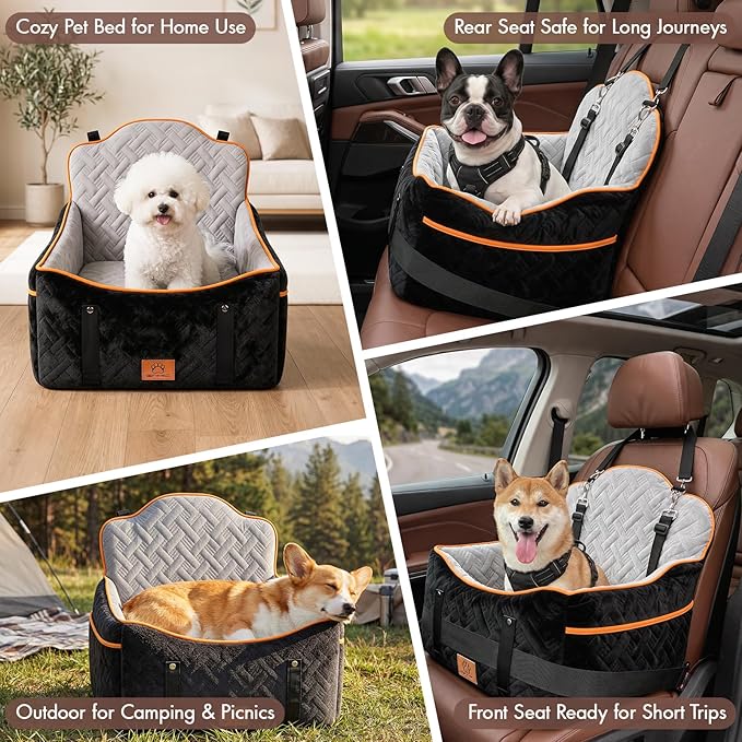 GINMIC Dog Car Seats for Small Medium Dogs up to 35 lbs – Dog Booster Car Seat with 5.3-Inch Memory Foam, Dual Safety Leashes, Detachable Washable Cover & Storage Pockets, Soft Travel Dogs Bed (Black) - Image 6