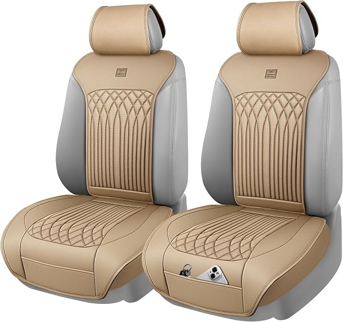 CAR PASS Car Seat Protector, 2 Pack Sideless Nappa Leather Seat Covers for Cars, All Season Waterproof Breathable Front Seats Cushion with Storage Pocket Universal Fit Vehicle Car SUV Truck, All Beige - Image 7