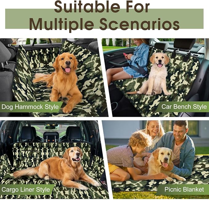 Waterproof Dog Car Seat Cover for Back Seat, Pet Hammock- S, Camouflage | Durable waterproof hammock with nonslip design & storage pockets. Protects seats from scratches, fits cars, SUVs & trucks. - Image 6