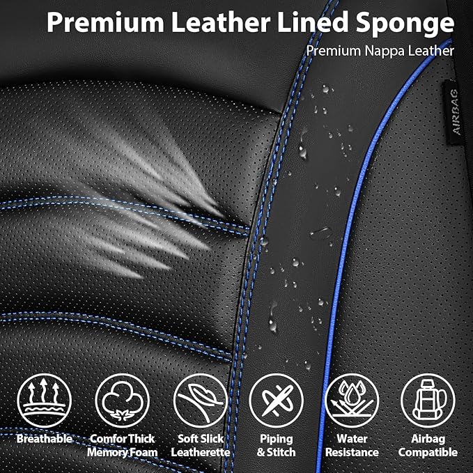 CAR PASS 3D Foam PU Leather Car Seat Covers, Universal Seat Covers Front 2 for Trucks SUV Sedan Automotive Seat Covers Armrest Airbag Compatible Waterproof Comfortable Faux Nappa Leather Black Blue - Image 5