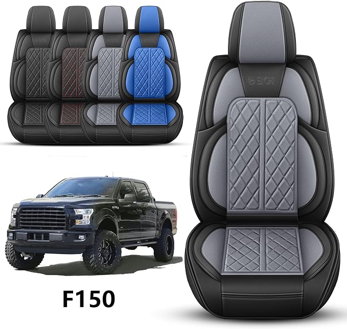 Car Seat Cover Custom Fit for Ford F150 2009-2026 Faux Leather Seat Cover Set Compatible with Regular Cab Super Cab Super Crew Pickup Truck Cushions (Black & Grey, Front Seat) - Image 2
