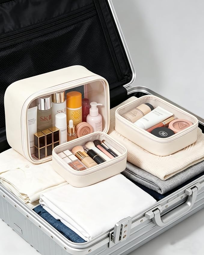 Travel Clear Makeup Bag Set for Women, 3 Pack Travel Size Toiletry Bag with Zipper Small Makeup Pouch for Purse Waterproof Portable Cosmetic Case Compact Car Organizer Storage Bag (Beige Set) - Image 7