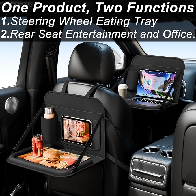 Backseat Car Organizer with Detachable Steering Wheel Tray 1 Pack,Car Back Seat Laptop Desk, Multifunctional Food Tray,Back Seat Car Storage & Tablet Holder for Kids (Black, 1PC) - Image 3