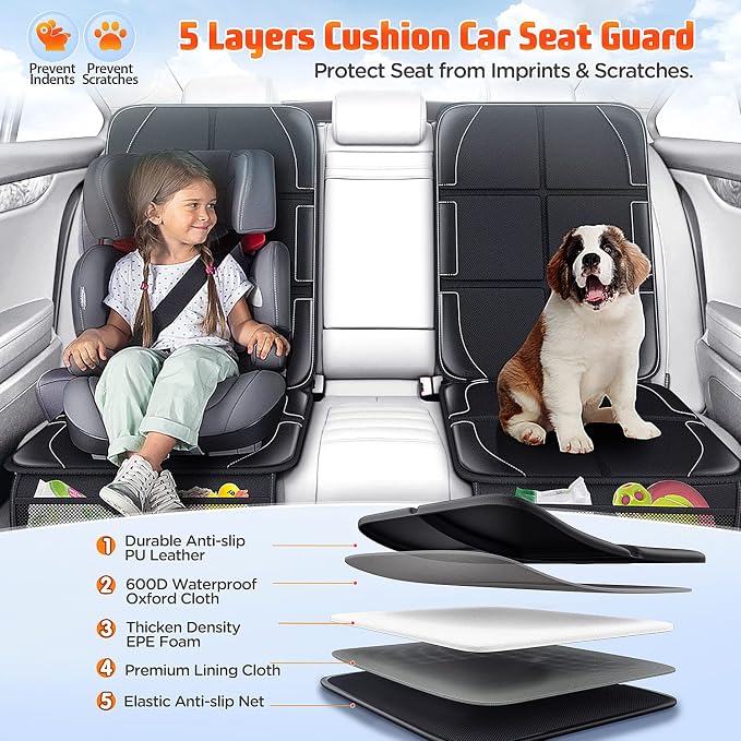 Gimars Car Seat Protector, 2 Pack, XL Thicken EPE Cushion Waterproof 600D Fabric Car Seat Cover for Child Car Seat with Nonslip Backing Mesh Pockets for Baby SUV Sedan Truck Leather Seats, Black-Gray - Image 2