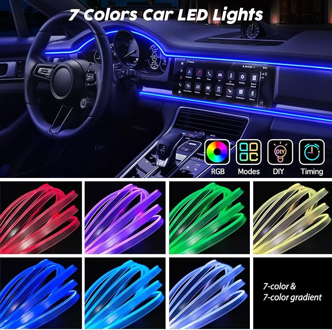 USB Car LED Lights, Interior Car Lights Strip 7 Colors Ambient Lighting with 118 inches Fiber Optic Music Sync Simple Installation EL Wire Lights (7 Colors/118 inches) - Image 3