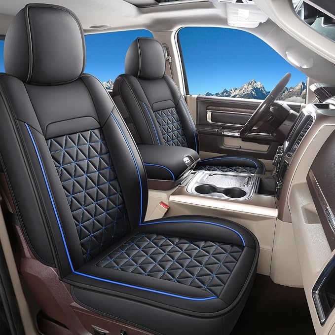 Coverado Car Seat Covers Full Set, Leather RAM 1500 Seat Covers Protectors Compatible with 2002-2026 Dodge RAM 1500 2500 3500 Crew Double Mega Quad Cab with Flat Bench, Black&Blue line by COVERADOAUTO