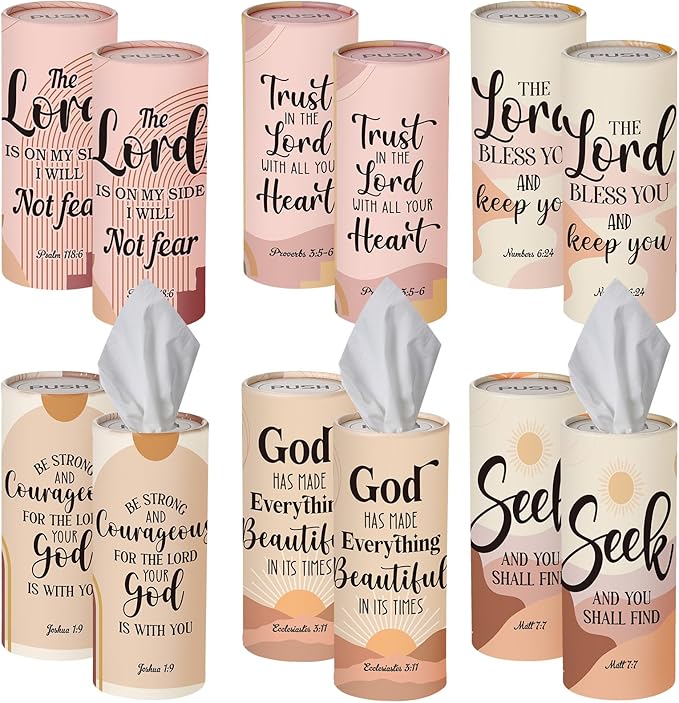 Outus 12 Pack Christian Car Tissues Cylinder Holder with Facial Tissue Bulk Round Bible Verses Napkins Container for Car Home Travel Prayer Church Gifts, 6 Designs by Outus