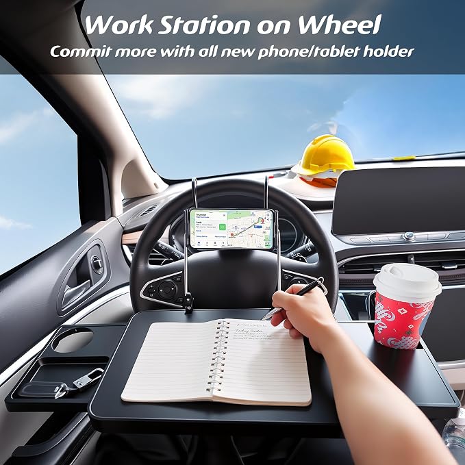 Large Car Steering Wheel Tray Back Seat Headrest Tray with Phone Holder, Steering Wheel Desk Food Table for Car Laptop Mount Steering Wheel for Large SUVs, Trucks & Vans,17.5" - Image 4