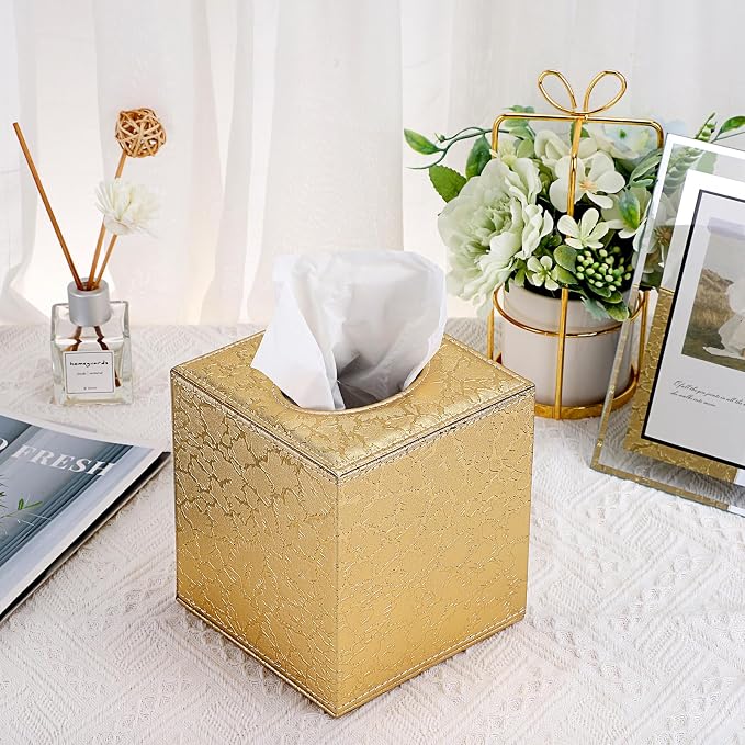 Sumnacon Square Leather Tissue Box Cover - Stylish Cube Tissue Box Holder with Magnetic Bottom, Decorative PU Tissue Box for Vanity Dresser Night Stand Table Countertop Home Office Car, Gold | Stylish Cube Tissue Box Decorative Tissue Covers for Vanity... - Image 3