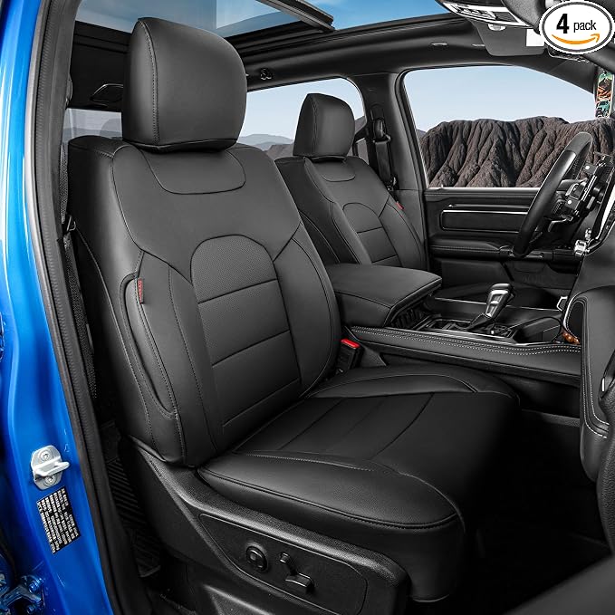 Custom Seat Covers for 2019-2026 Ram 2500/3500 CrewCab Bighorn,Faux Leather | Full Set Heavy Duty Pickup Seat Cushion,Front w/No Headrest Cutout,Rear 40/60 Split Curved Bench Seat,Black by Coverdream