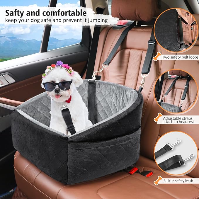 NEEZUKAR Dog Car Seat for Small Dogs,Detachable Washable Dog Booster Seat Under 30lbs, Pet Car Seat Travel Bed with Storage Pockets and Dog Safety Belt (Black/Grey) - Image 3