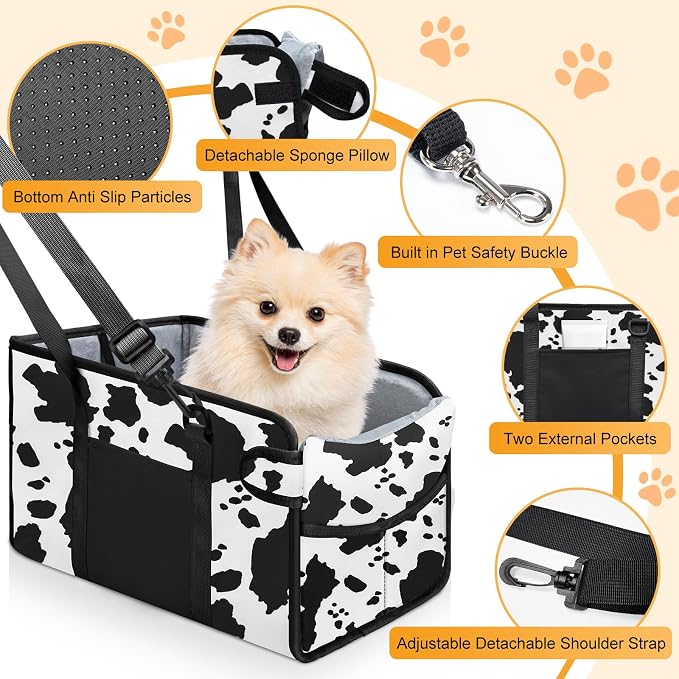 Portable Dog Car Seat for Small Dogs, Puppy Car Seat, Cow Pattern | Booster Seat With Safety Leash & Adjustable Straps Keeps Small Dogs Secure. Removable Washable Cushion. Fits Most Cars. - Image 3