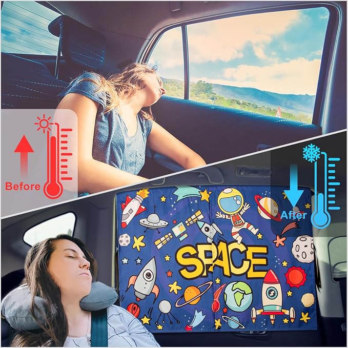 Car Sun Shade Side Window, 2pcs Magnetic Double Layer Car Window Shades for Privacy Full Covers/Half Shade Options Cute Space Pattern Side Window Curtains for Kids - Image 5