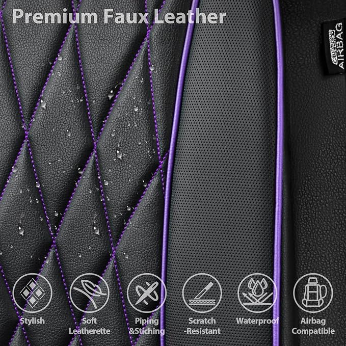 CAR PASS Piping Luxury Faux Leather Two Front Car Seat Covers, Waterproof Anti Slip Premium Automotive Seat Covers,Universal Fit for Suvs,Vans,Trucks, Armrest Airbag Compatible (Black and Purple) - Image 4