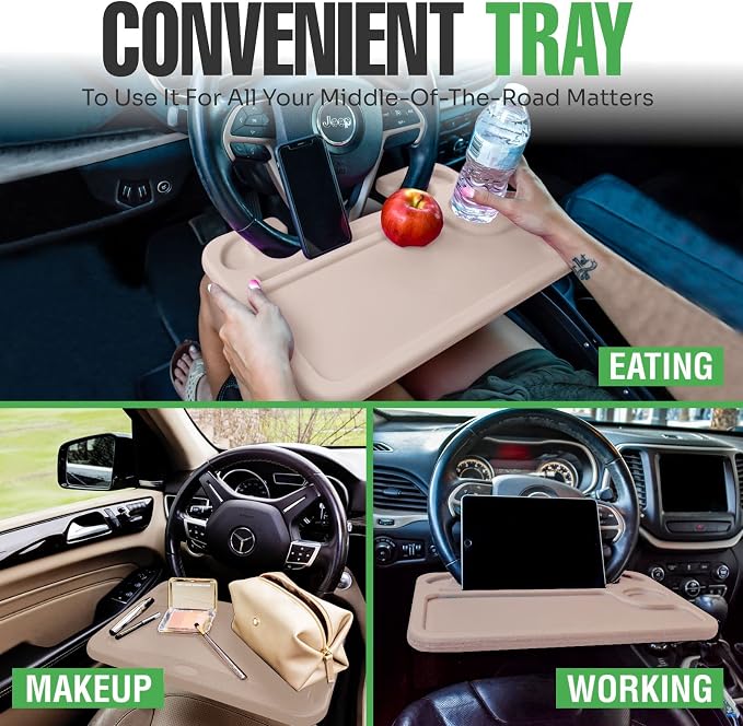 lebogner Steering Wheel Tray, Car Tray for Eating, Hook On Steering Wheel Desk for Food, Laptop and Car Accessories, Car Road Trip Must Haves Gadgets Car Table (Beige, with Tablet Slot) - Image 2