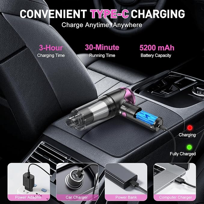 KMM Handheld Car Vacuum Cleaner, Hand Held Vacuum & Air Duster | 10000PA Strong Suction, Portable, 120W High Power, Cordless, Rechargeable, Multi-Nozzles & LED Light, For Home, Car, Office - Image 3