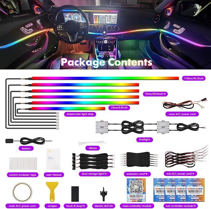Dreamcolor Acrylic Car Ambient Lighting Kit 14 in 1 LED Interior Car Strip Lights APP Control Zoned Control System 252 Color Modes DIY Neon Wireless Sound Activated RGB Neon Light Kits New Version - Image 9