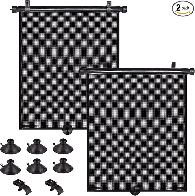 Car Side Window Shades, 2 Pack Retractable Roller Sun Shades, 18 x 20 in | UV and Sun Glare Reduction, Suction and Hook Installation, Easy Roll-Up Storage, Baby Car Window Shades for Travel by PLTCAT