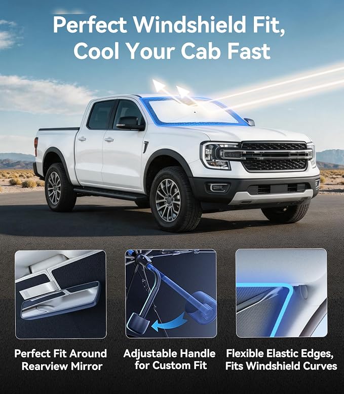 Nmoiss [Vinyl Coating Heat Shield] Windshield Sun Shade Umbrella Custom for Ranger, Protect Car from Sun Rays & Heat Damage Keep Cool and Protect Interior - Image 4