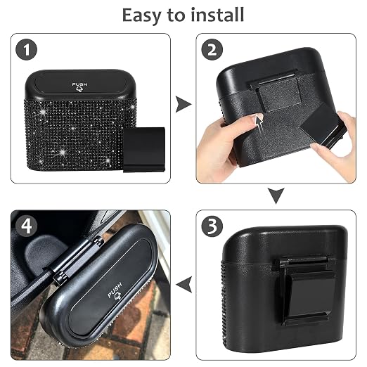 Accmor Bling Car Trash Can with Lid, Mini Auto Garbage Storage Bin with 60pcs Garbage Bags, Sparkling Crystal Trash Bags Holder Dustbin Vehicle Accessories Container Organizer (Black Rhinestone) - Image 4