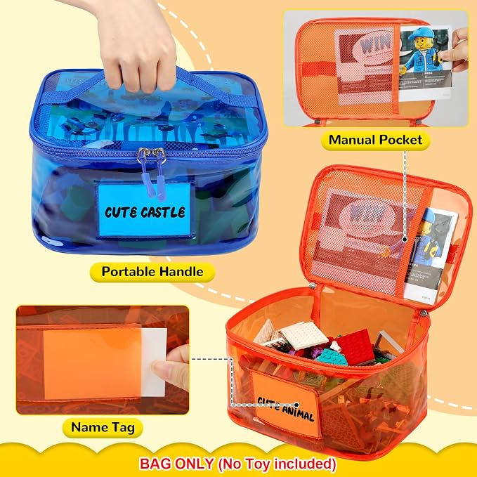 Tesuko 6 Pack Clear Toy Storage Bag with Name Tag& Manual Pocket, Waterproof Transparent PVC Toy Organizer Case for Lego Bricks, Board Games, Building Blocks, Puzzles (Large Capacity, Full Colourful) - Image 3