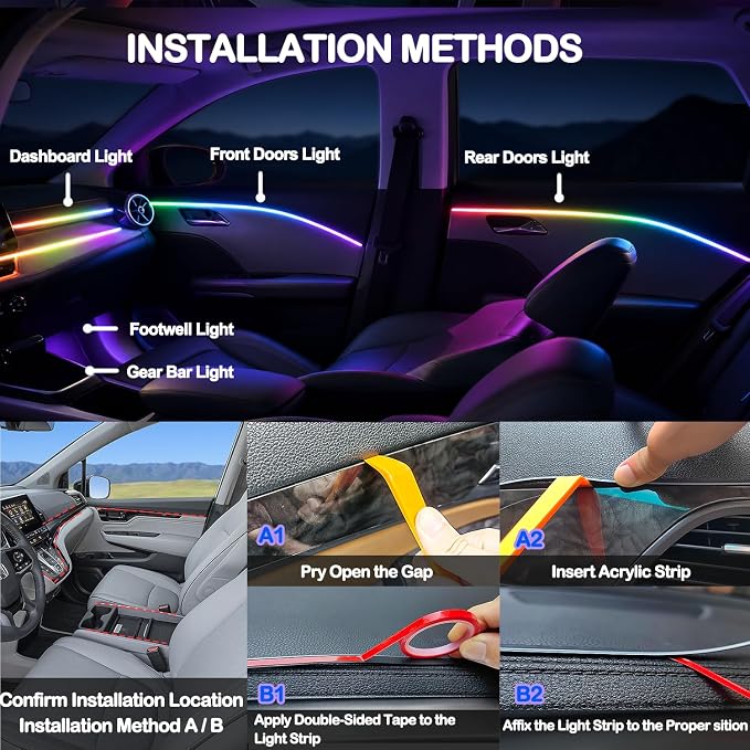 Car LED Strip Lights, Interior Acrylic LED Lights for Car with Dynamic Rainbow Dream Color Chasing, Ambient Lighting Kits Music Sync (8 in 1(6 * 29.5"+43.3"+14.5")) - Image 7