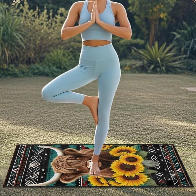 Aztec Highland Cow Sunflower Car Seat Towel Cover After Gym Sweat Automotive Front Seat Cover with Storage Bag Aztec Tribal Car Interior Accessories Universal Fit Beach Towel Yoga Mat Towels - Image 4