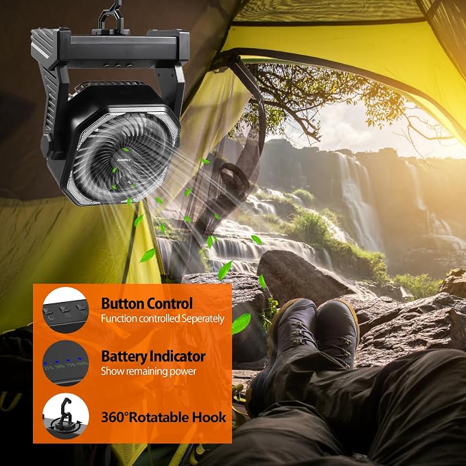 Battery Powered Camping Fan, Battery Operated Fan, Travel Gear Essentials | 20000mAh Rechargeable Battery, 58Hrs Runing, 400LM Light & 360° Rotable Hook, Whisper Quiet Fan for Outdoor Power Outages - Image 6