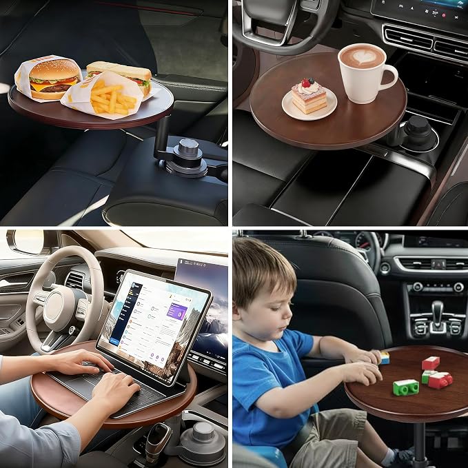 Car Desk 360° Rotating Wood Cup Holder Table for Car Center Car Accessories Car Tray for Laptop Compatible with Most Vehicle - Image 4