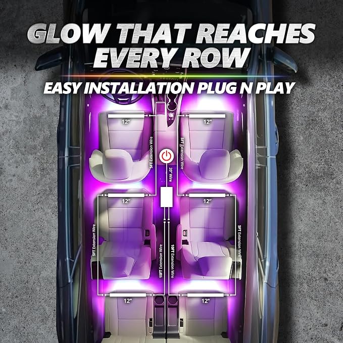 OPT7 Aura Pro Multicolor Interior SUV & Van Lights w/App & Remote, 6PC Kit | Extended Interior Lighting, RGB Ambient Footwell Glow, Full SUV Coverage, Sound Sync, 3-Row Car Decor, 12V LED Strips - Image 2