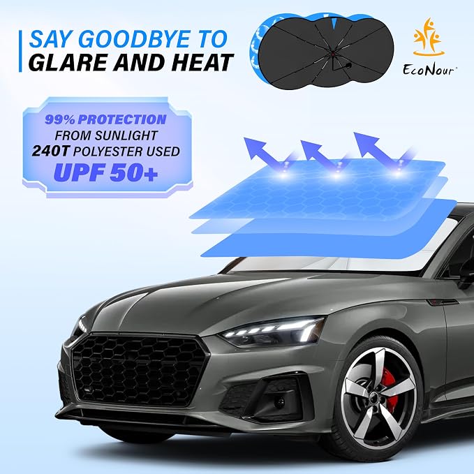 EcoNour Car Windshield Sunshade Umbrella | Foldable Windshield Sun Shade Cover | Front Car Window Shade for Maximum UV Rays & Heat Protection | 240T Polyester Umbrella Sunshade - Image 2