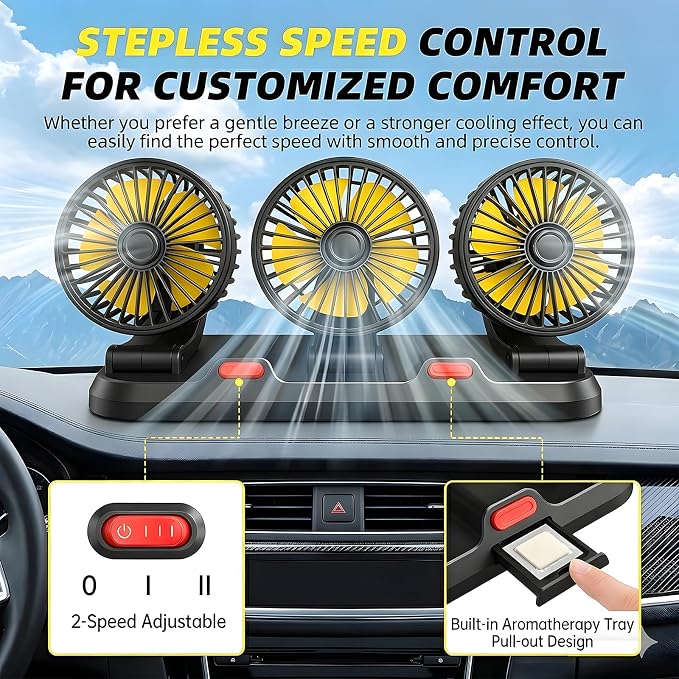 12V Car Cooling Fan with Cigarette Lighter Plug, 3-Head Portable Fan, 2-Speed Adjustable, 360° Rotating, Powerful Airflow for Vehicle Truck SUV RV Auto - Image 5