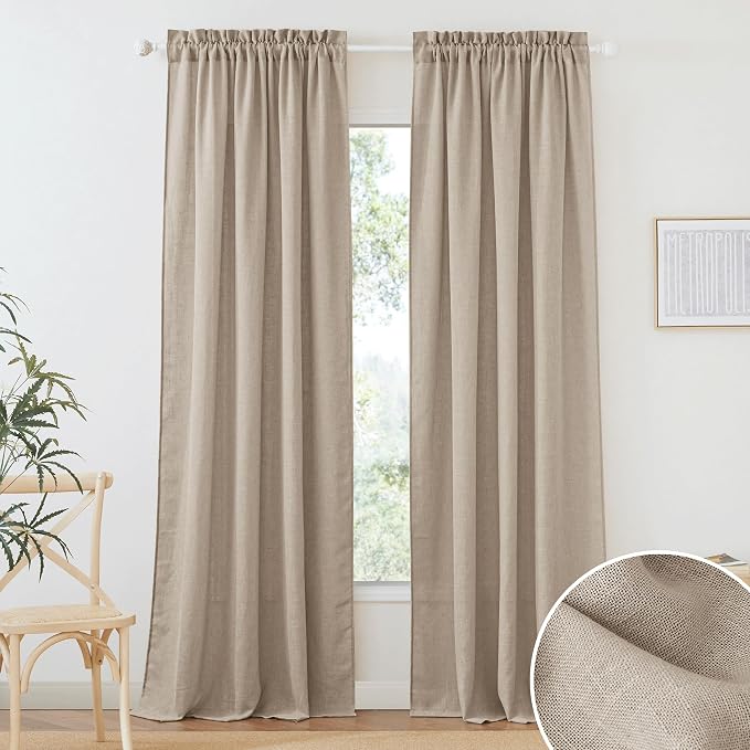 RYB HOME Sheer Linen Curtains 90 inches Long for Living Room | Rod Pocket, Easy Sliding, Linen Blend, Light Filtering, Privacy Protected, Dining Room Bedroom, Khaki, 2 Panels by RYBHOME