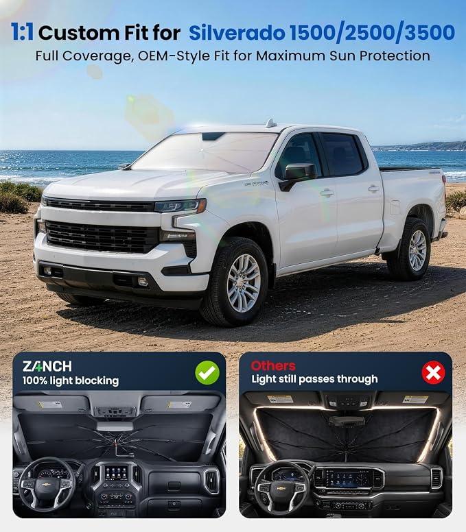 for Chevrolet Silverado 1500/2500 HD/3500 HD| Zanch Windshield Sun Shade Umbrella [99% UV Protection, Up to 75℉ Cooler] Custom Fit, Scratch-Free, Foldable Front Sunshade Umbrella, 2003-2026 - Image 5