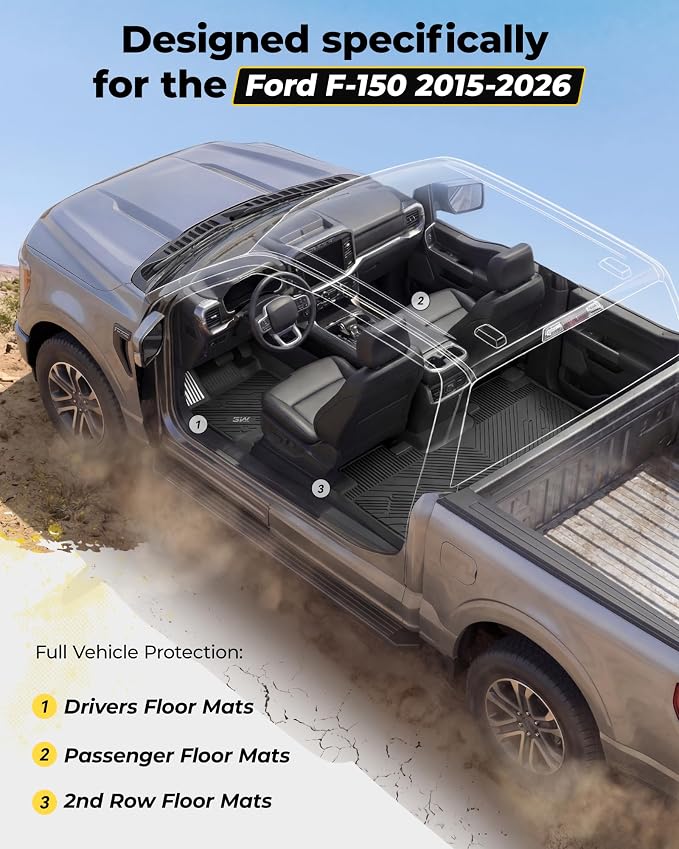 3W Floor Mats (with Metal Pedals) for Ford F-150 2015-2026 SuperCrew | F150 Lightning 2022-2025 SuperCrew(w/o Fold Flat Storage), TPE All Weather Custom Fit, 3PCS | Heavy Duty, Easy Clean - Black - Image 2