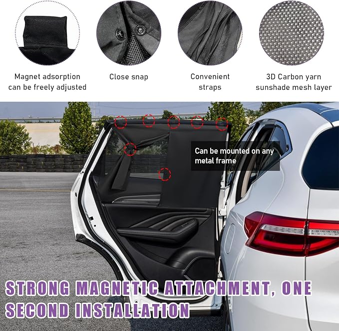2 PCS Car Window Shade, Double Layer Mesh Privacy Sunshade for Auto Side Window, Magnetic Breathable Curtain for Baby & Kids Blocks Sun & Heat, Universal Car Accessories - Image 3