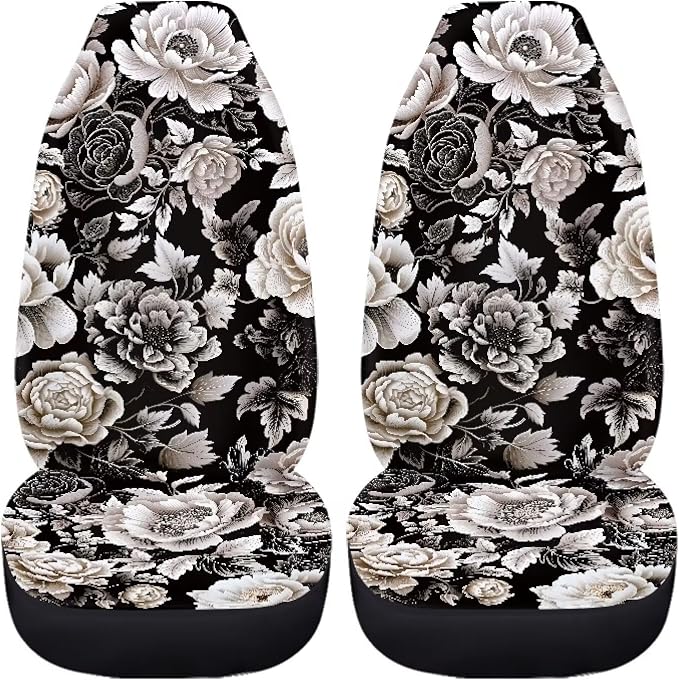 Black White Flower Universal Front Seat Covers, Pack of Two Easy to Install Fit for Trucks Vans SUV Sedans Automotive Comfortable - Image 4