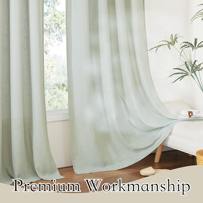 RYB HOME Green Linen Curtains 90 inches Long for Living Room | Light Filtering, Privacy Protection, Farmhouse Country Home Decor, Sliding Patio Door, Sage Green, W52 x L90, 2 Panels Set - Image 4