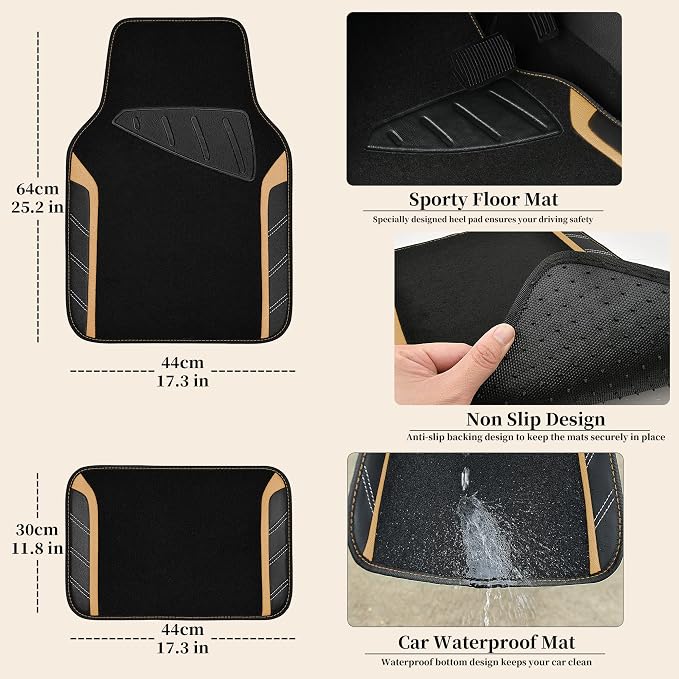 CAR PASS Microfiber Steering Wheel Cover and Waterproof Car Floor Mats,Leather Universal Car Combo Fit for 95% Truck,SUV,Cars,14.5-15inch Sporty Anti-Slip Safety Comfortable Design(Black and Beige) - Image 4