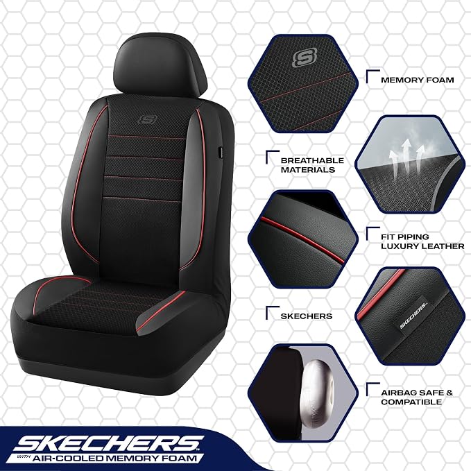 Skechers Air-Cooled Memory Foam Seat Covers,Thick Car Seat Covers,Leather Piping Car Seat Covers Front Seats,Airbag Compatible,Automotive Comfort Universal Fit Most Cars,Vans,Trucks,SUV,Red - Image 3