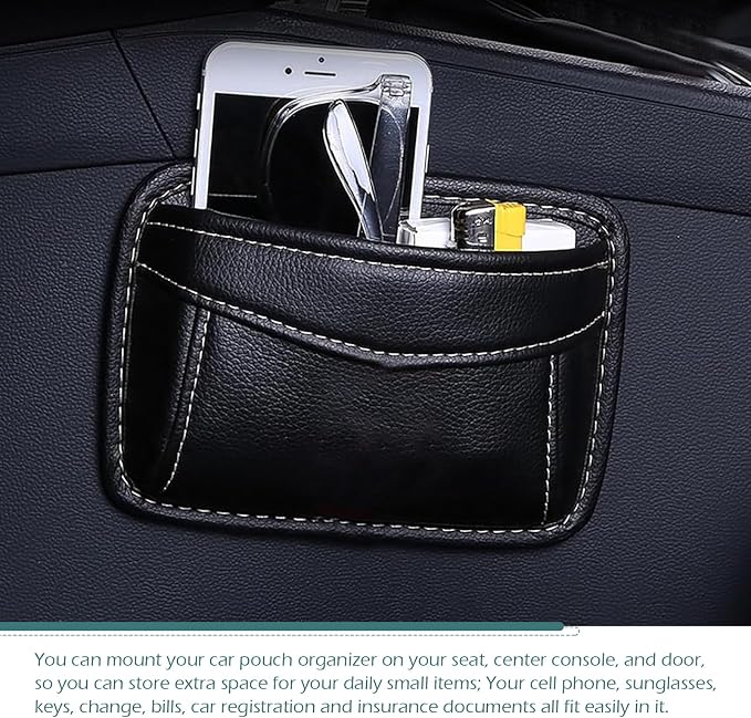 Car Seat Side Pocket Organizer, PU Leather Mini Storage Bag, Seat Gap Filler with Phone Sunglasses Pen Holder, Universal Auto Organizer for Documents Registration Notepad (Black)​ - Image 4
