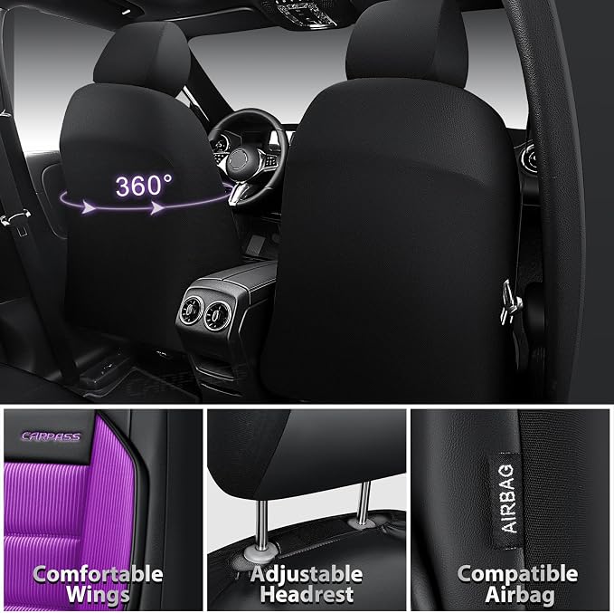CAR PASS Memory Foam Seat Covers Full Sets, Airy Cool Mesh Thick Car Seat Covers Women, Leather Car Seat Covers 5 Seats Airbag Compatible, Universal Automotive Comfort for Cars, Trucks, SUV, Purple - Image 2